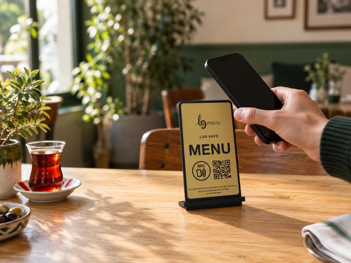 Un ospite avvicina il telefono al supporto del menu Log Kafe